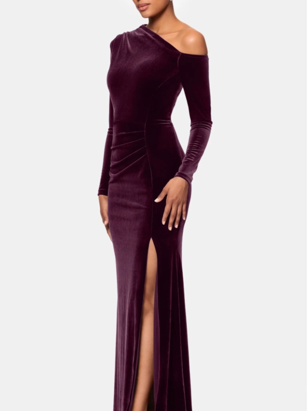 Betsy & Adam One-Shoulder Long Sleeve Velvet Gown 10
